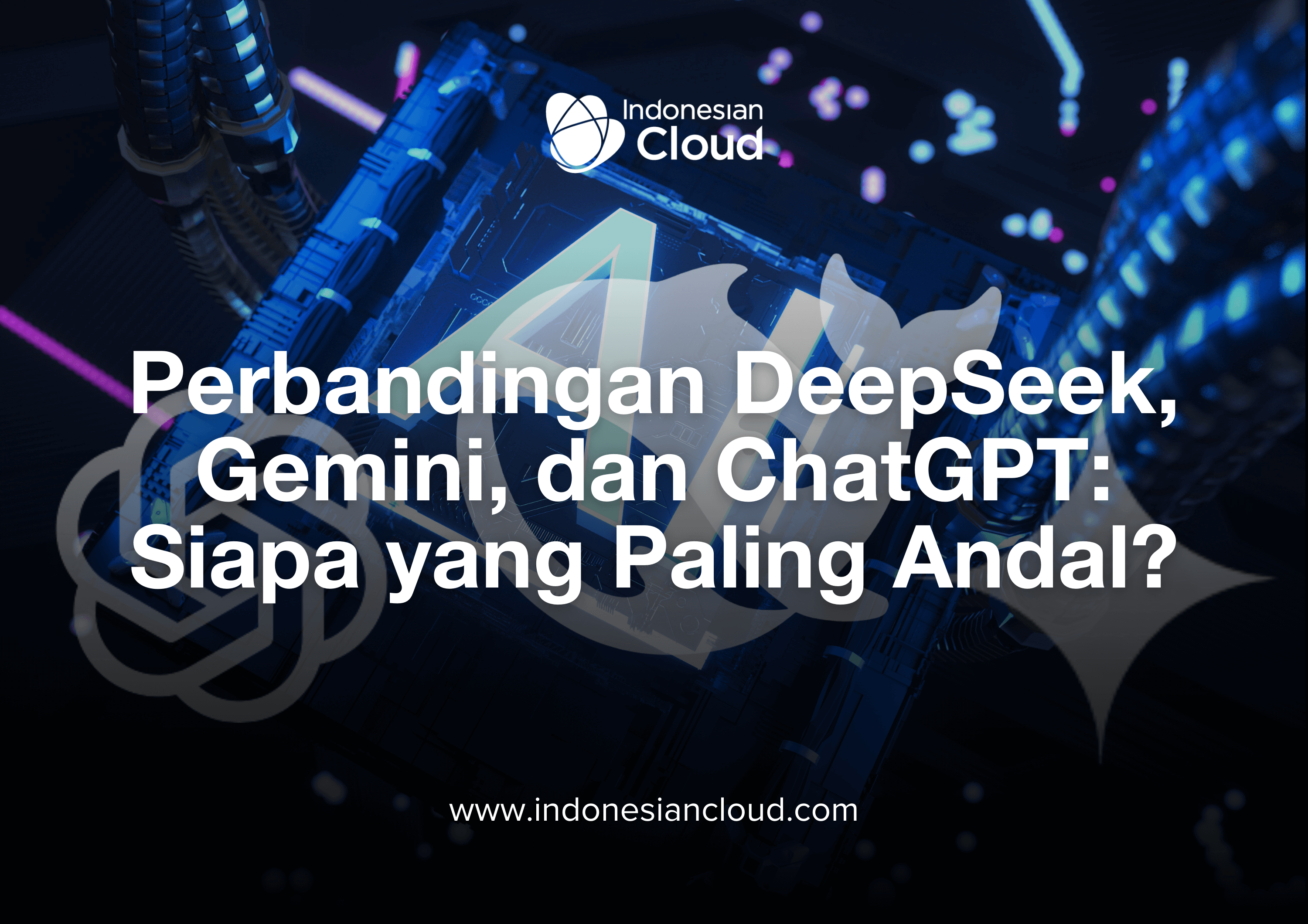 Perbandingan model AI DeepSeek, Gemini, dan ChatGPT dengan latar teknologi dan logo masing-masing.