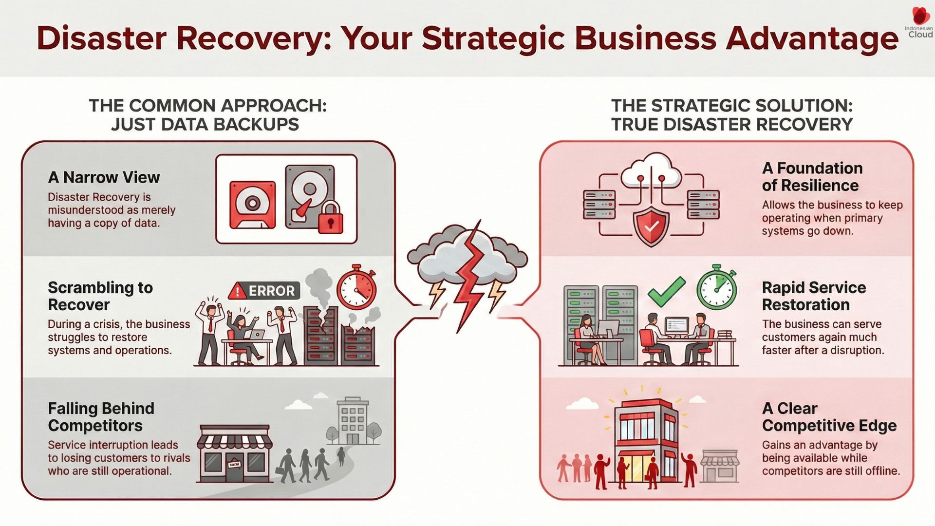 “Two-panel infographic titled ‘Disaster Recovery: Your Strategic Business Advantage.’ Left side shows the common approach ‘Just Data Backups’ with problems: a narrow view, scrambling to recover, and falling behind competitors. Right side shows ‘True Disaster Recovery’ with benefits: a foundation of resilience, rapid service restoration, and a clear competitive edge, illustrated with cloud/server and business icons.”