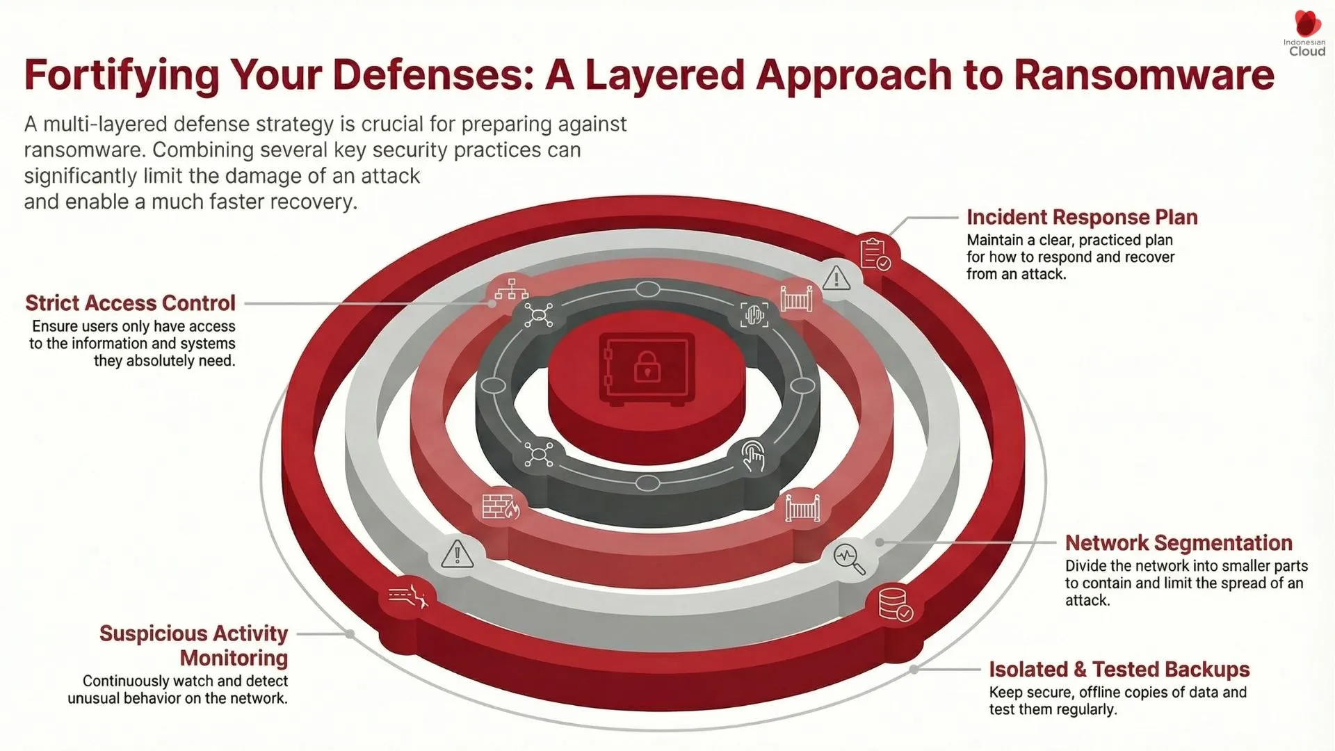 “Fortifying Your Defenses” diagram illustrating a layered approach to ransomware: strict access control, suspicious activity monitoring, incident response plan, network segmentation, and isolated tested backups.