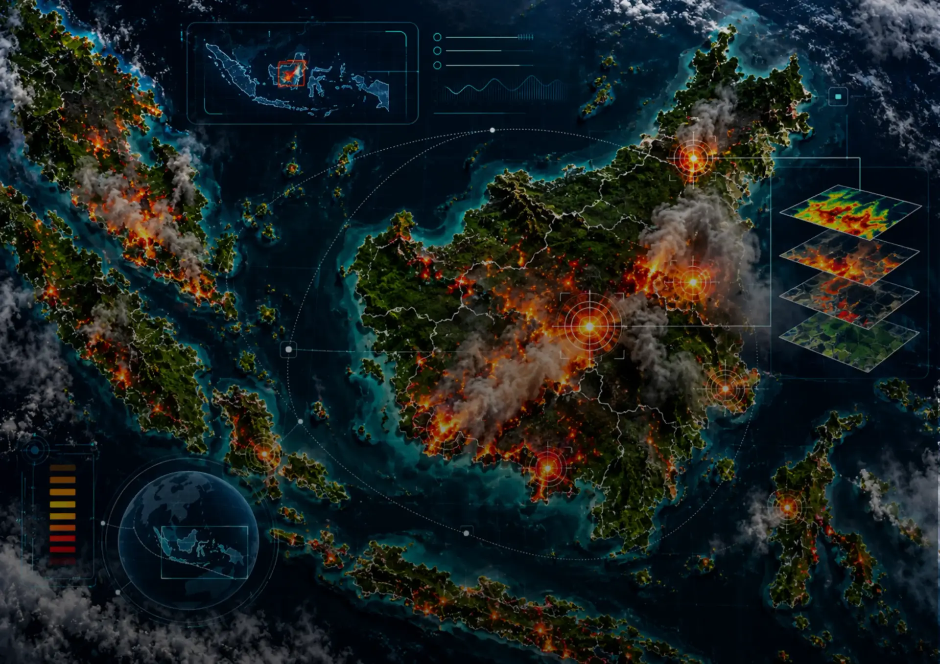 Citra satelit karhutla menunjukkan area terbakar dan sebaran asap di lahan gambut